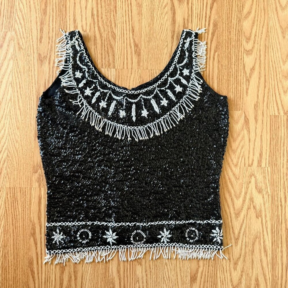 Black Hand Beaded Sequin Top Size Medium Sleeveless Vintage So Ro Imports Glam